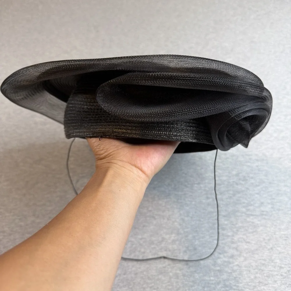 Vtg Black Straw Sinamay Mesh Fascinator Hat Made in Taiwan ROC Church Derby Tux